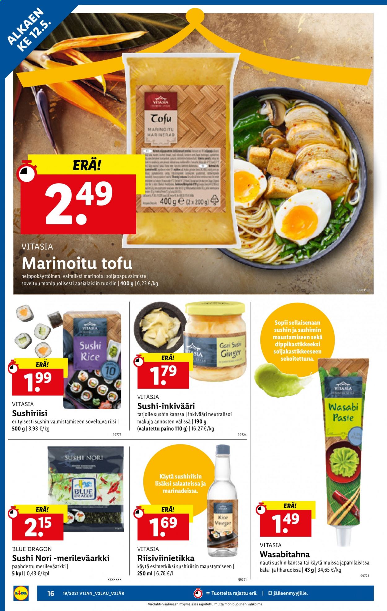 thumbnail - Lidl tarjoukset  - 12.05.2021 - 19.05.2021 - Tarjoustuotteet - sushi, riisi, tofu, wasabi. Sivu 16.