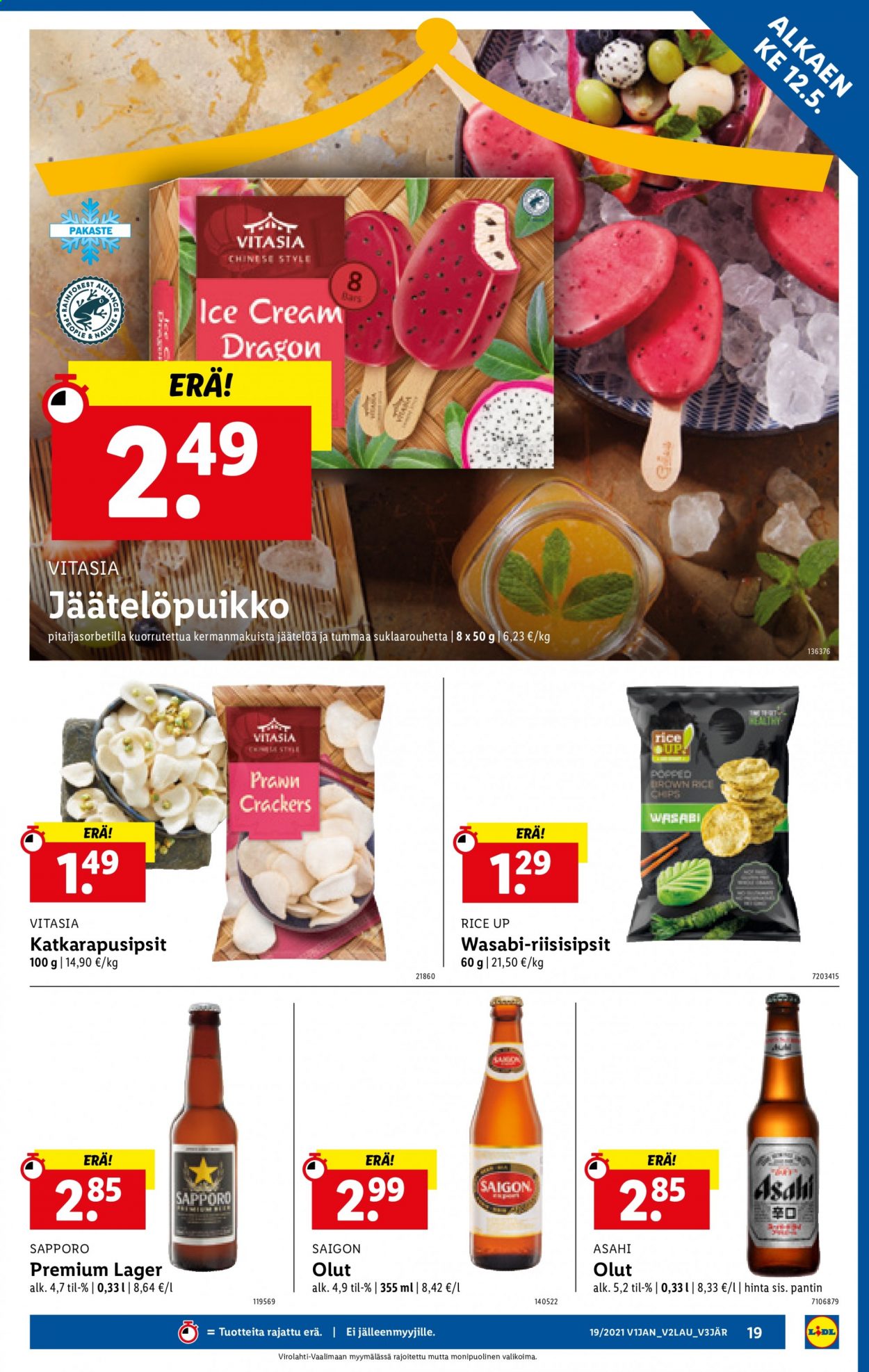thumbnail - Lidl tarjoukset  - 12.05.2021 - 19.05.2021 - Tarjoustuotteet - olut, Asahi, lager, jäätelöpuikko, crackers, chips. Sivu 19.