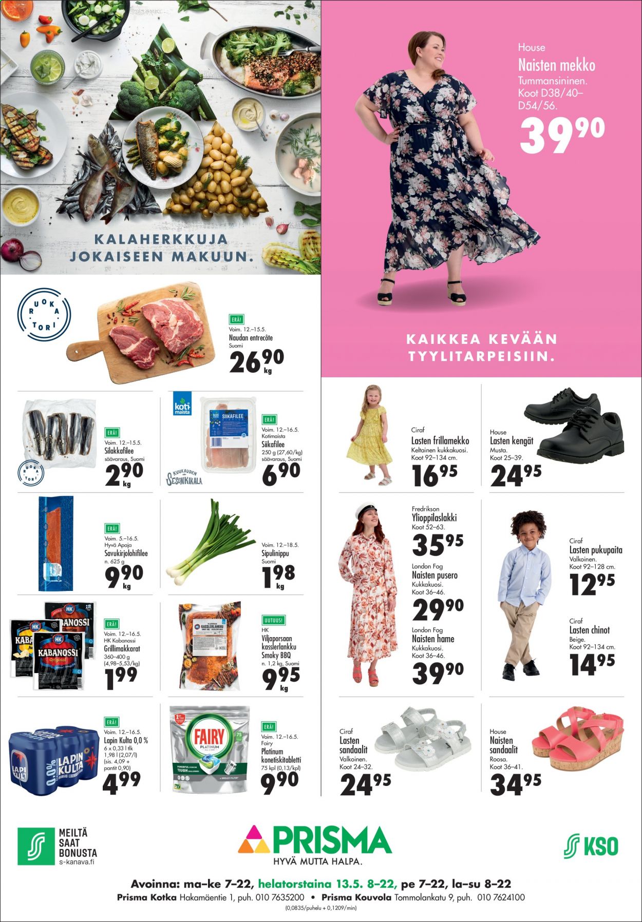 thumbnail - Prisma tarjoukset  - 17.05.2021 - 23.05.2021 - Tarjoustuotteet - hame, mekko, naudan, entrecôte, konetiskitabletti, Fairy, naisten sandaalit, lasten sandaalit. Sivu 1.