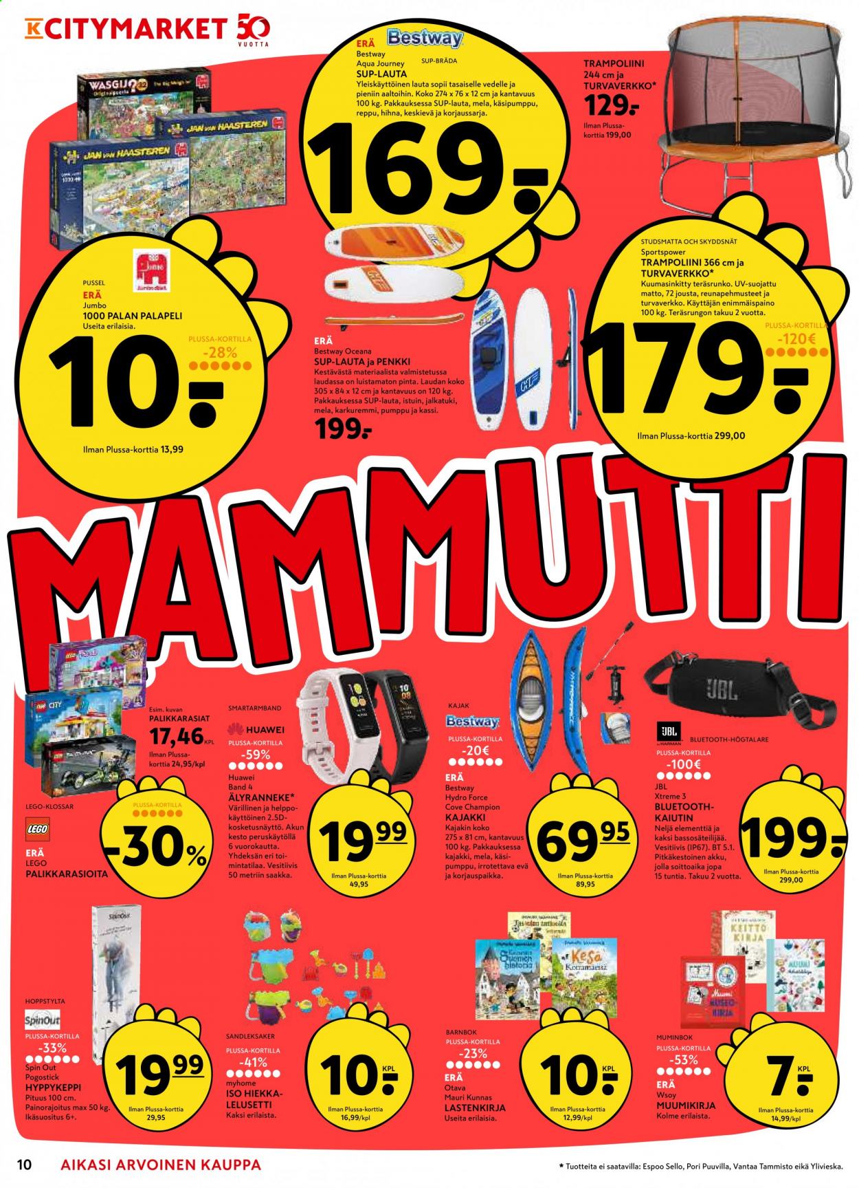 thumbnail - K-citymarket tarjoukset  - 20.05.2021 - 30.05.2021 - Tarjoustuotteet - matto, Huawei, JBL, Bestway, kajakki, LEGO, trampoliini. Sivu 10.
