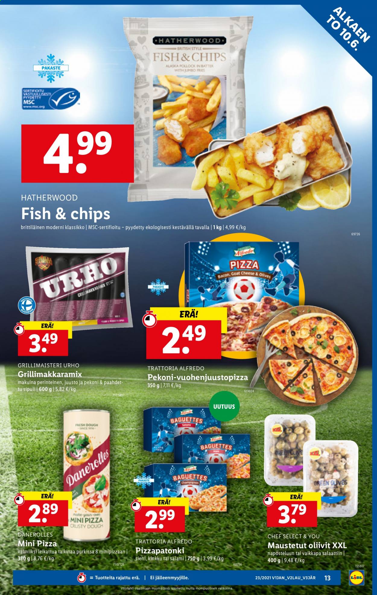 thumbnail - Lidl tarjoukset  - 10.06.2021 - 16.06.2021 - Tarjoustuotteet - sipuli, fish, kinkku, juusto, pizza. Sivu 13.
