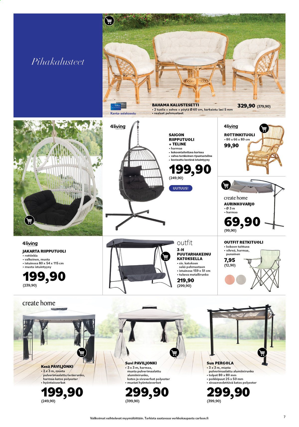 thumbnail - Carlson tarjoukset  - Tarjoustuotteet - tuoli, pöytä, sohva, riipputuoli, retkituoli. Sivu 7.