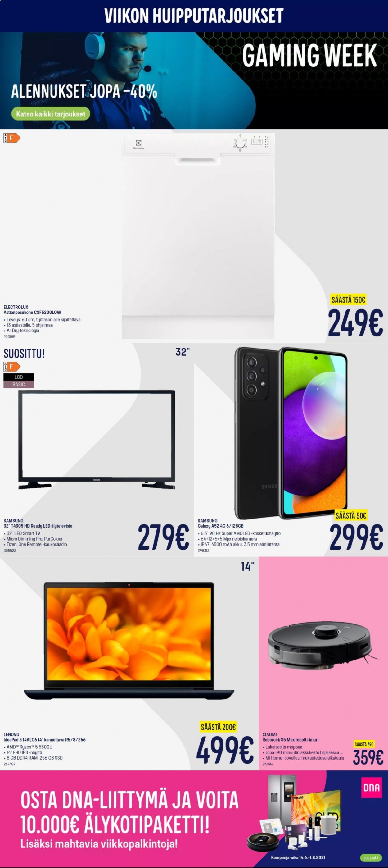 thumbnail - Gigantti tarjoukset  - 21.06.2021 - 27.06.2021 - Tarjoustuotteet - Xiaomi, Samsung, IdeaPad, Ryzen, Smart TV, TV, Electrolux. Sivu 1.
