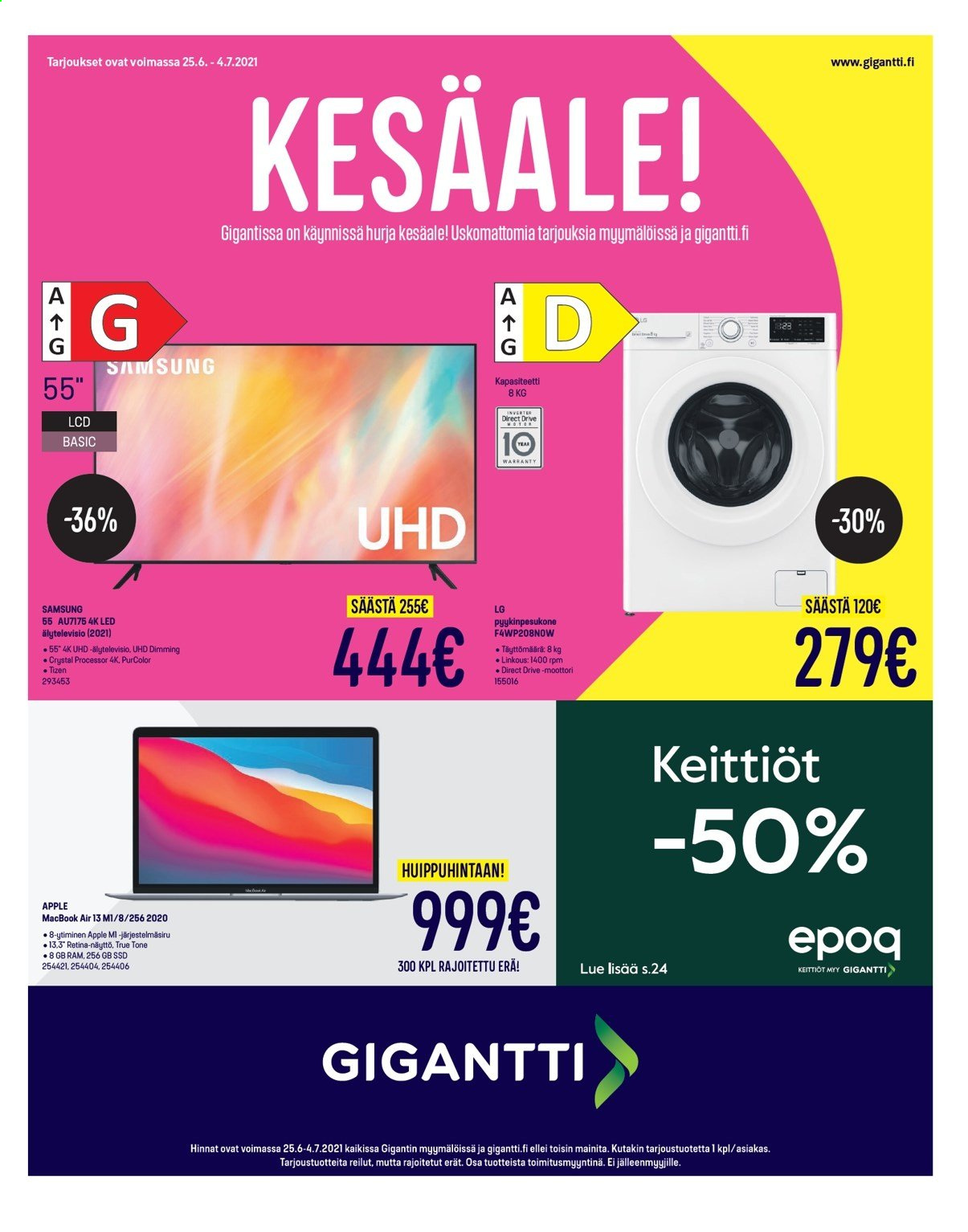 thumbnail - Gigantti tarjoukset  - 25.06.2021 - 04.07.2021 - Tarjoustuotteet - LG, Apple, Samsung, Retina, pyykinpesukone. Sivu 1.