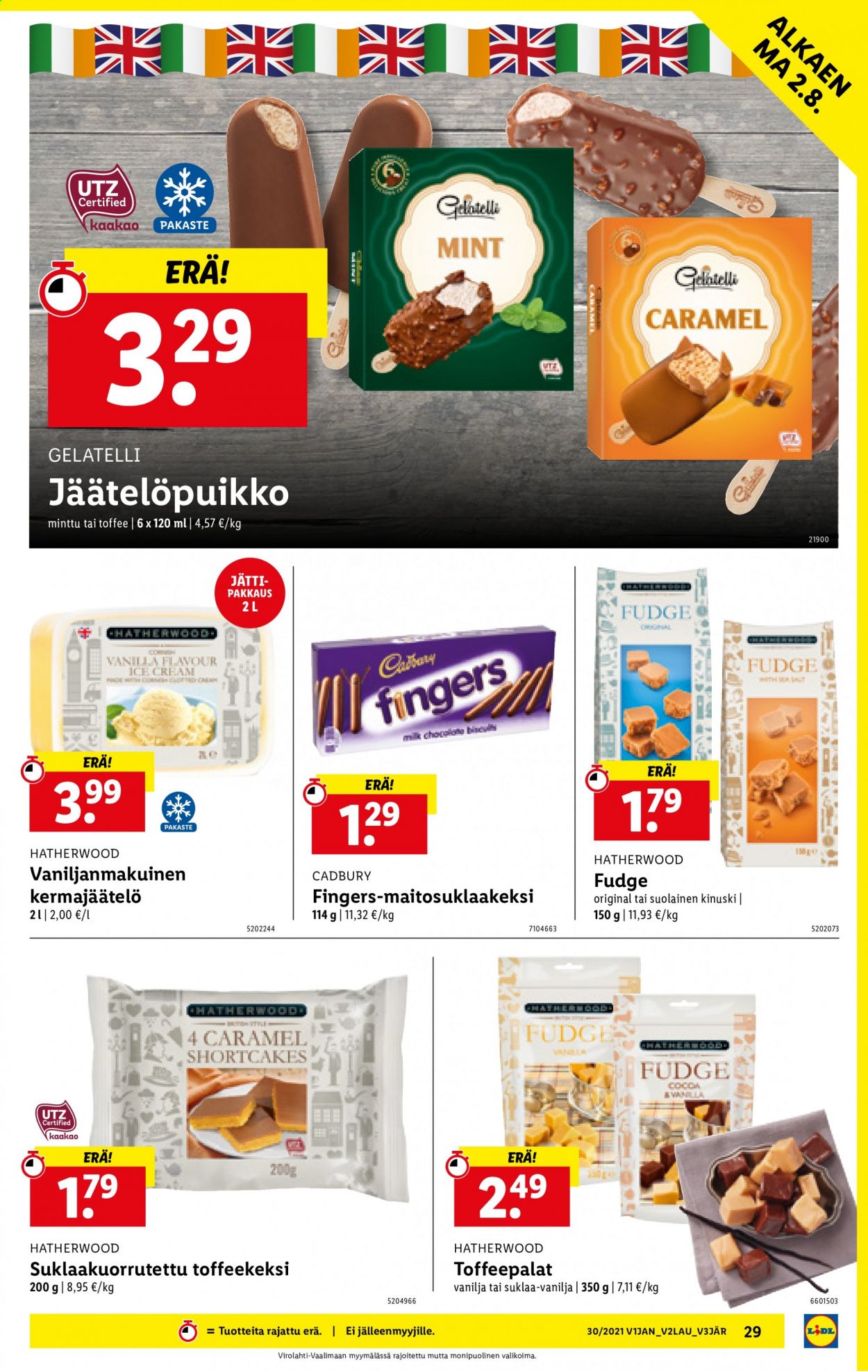 thumbnail - Lidl tarjoukset  - 29.07.2021 - 04.08.2021 - Tarjoustuotteet - jäätelöpuikko, fudge, suklaa, toffee, vanilja. Sivu 29.