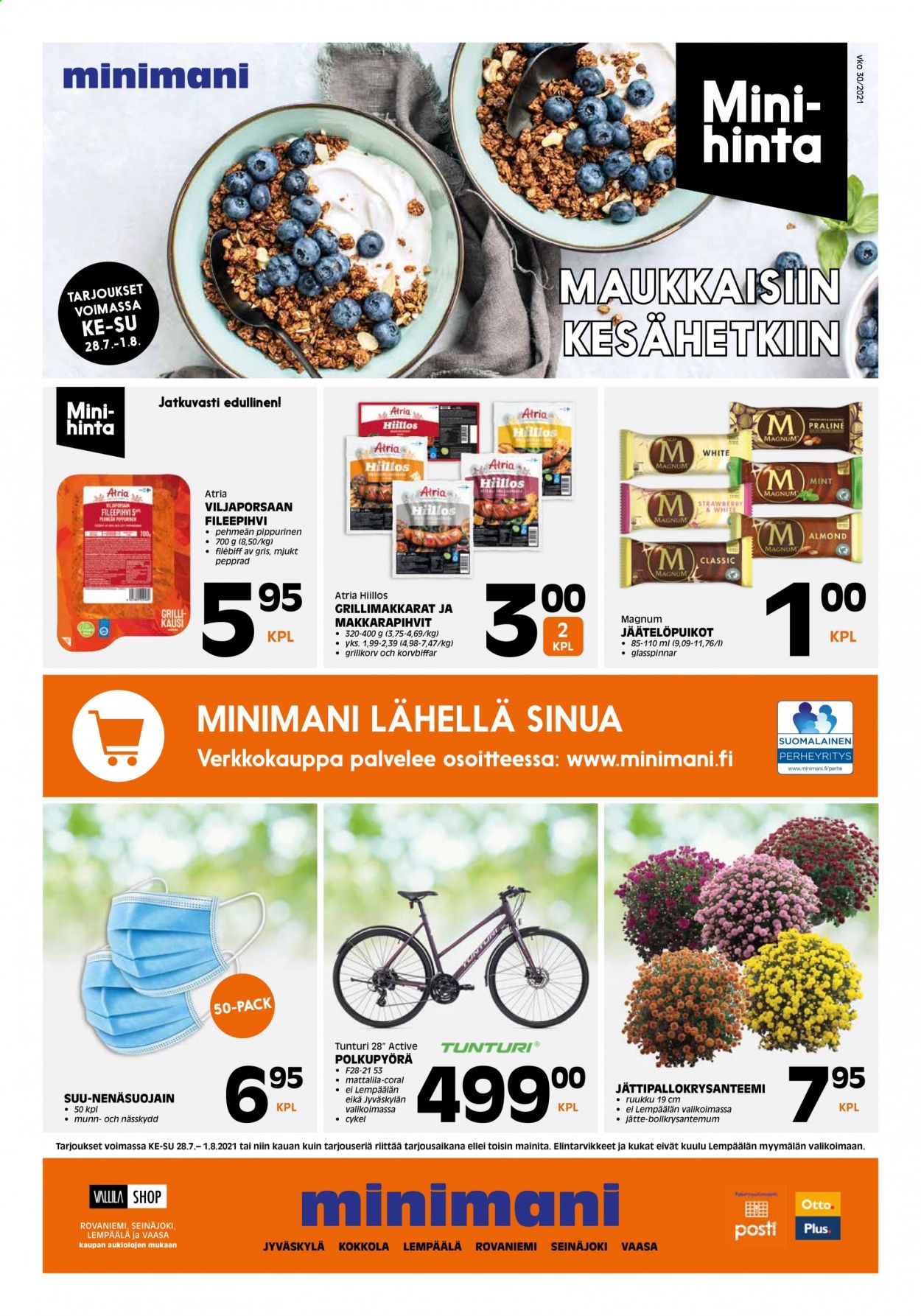 thumbnail - Minimani tarjoukset  - 28.07.2021 - 01.08.2021 - Tarjoustuotteet - Atria, Magnum, jäätelöpuikko, polkupyörä. Sivu 1.