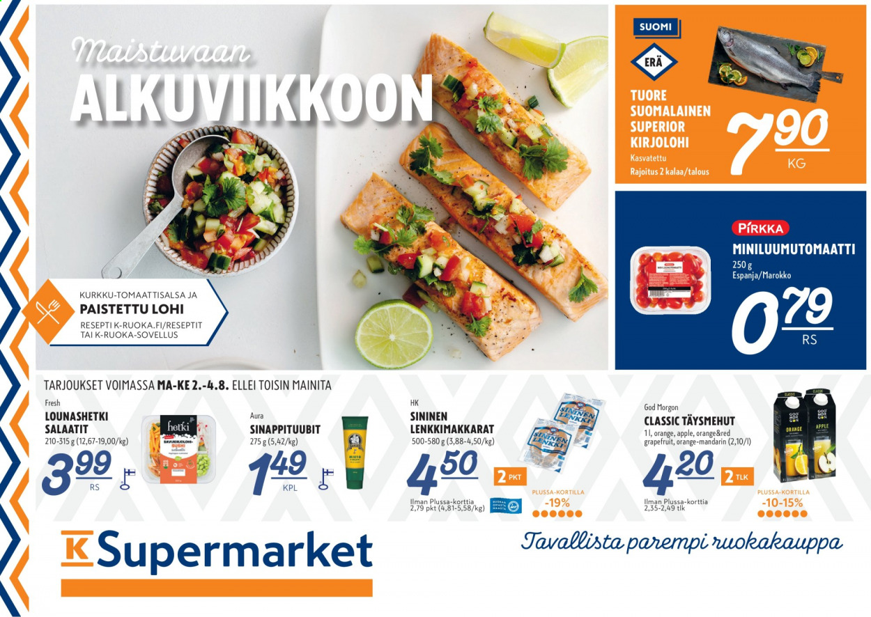 thumbnail - K-Supermarket tarjoukset  - 02.08.2021 - 04.08.2021 - Tarjoustuotteet - kurkku, kirjolohi. Sivu 1.