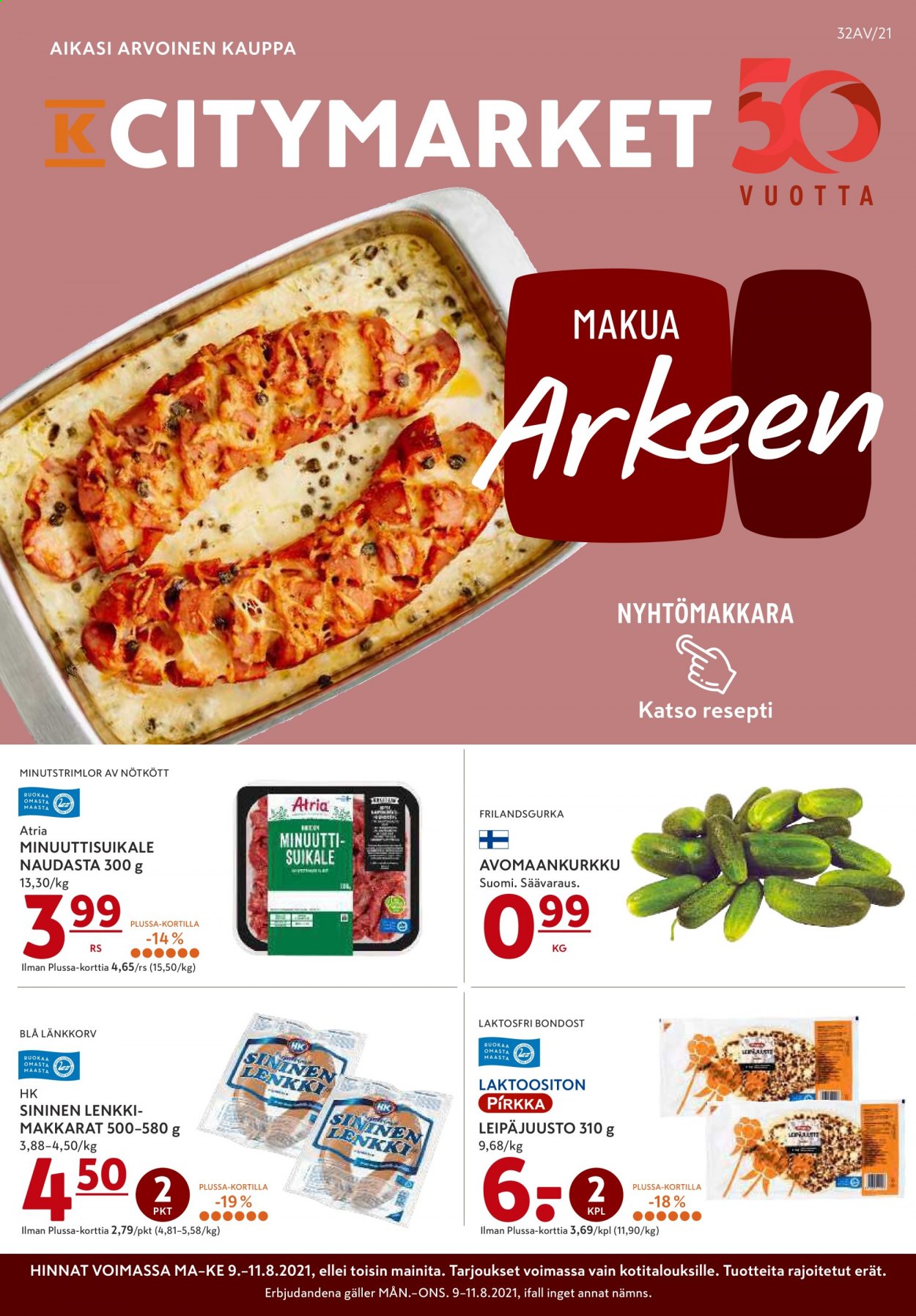 thumbnail - K-citymarket tarjoukset  - 09.08.2021 - 11.08.2021 - Tarjoustuotteet - Atria, leipäjuusto. Sivu 1.