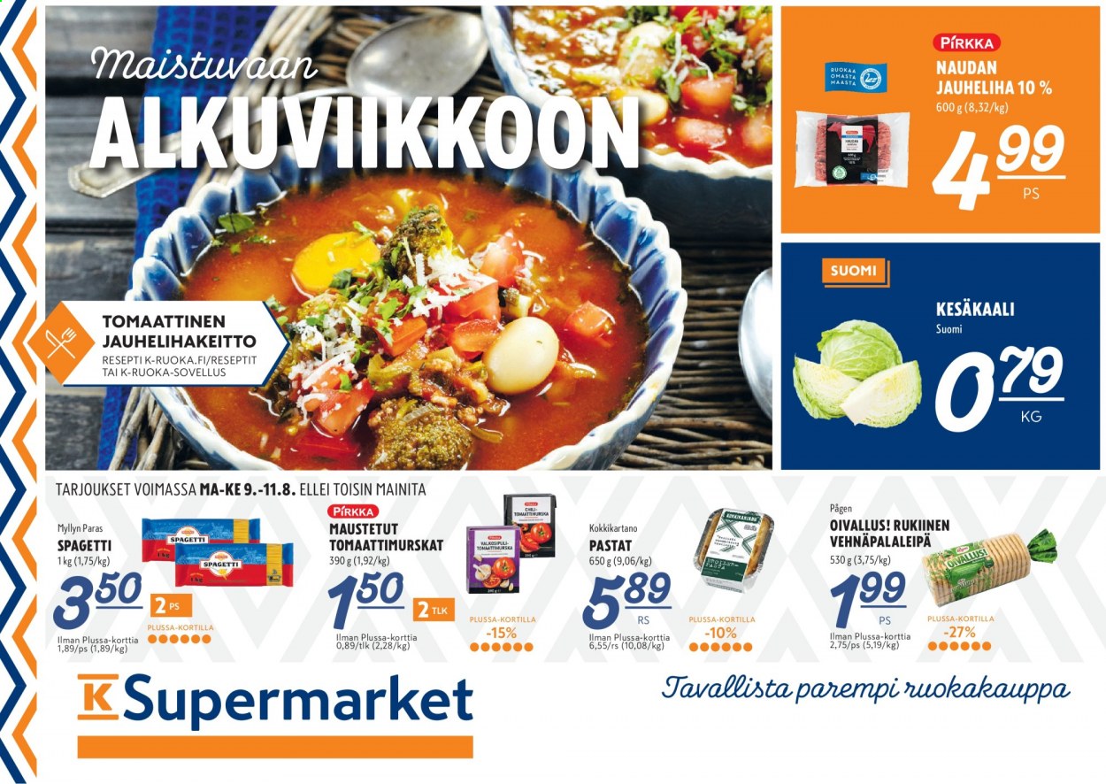 thumbnail - K-Supermarket tarjoukset  - 09.08.2021 - 11.08.2021 - Tarjoustuotteet - rukiinen, valkosipuli, naudan, naudan jauheliha, spaghetti. Sivu 1.