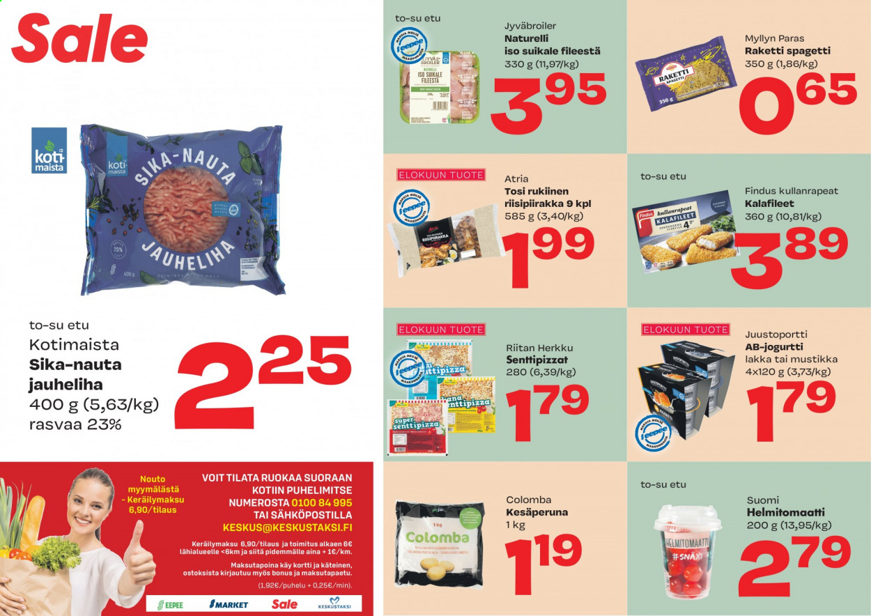 thumbnail - Sale tarjoukset  - 21.08.2021 - 22.08.2021 - Tarjoustuotteet - rukiinen, Myllyn Paras, jauheliha, sika-nauta jauheliha, Atria, jogurtit, spaghetti. Sivu 1.