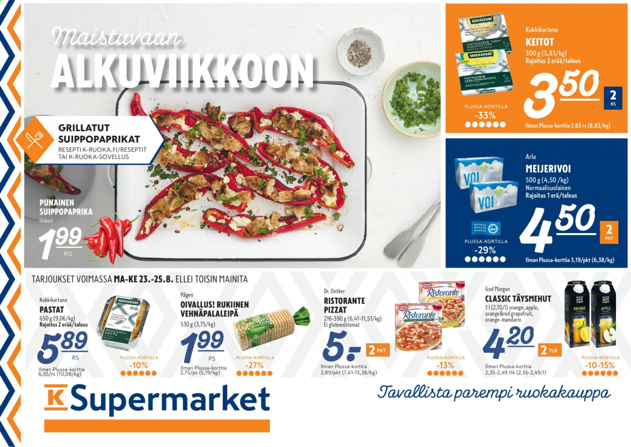 thumbnail - K-Supermarket tarjoukset  - 23.08.2021 - 25.08.2021 - Tarjoustuotteet - rukiinen, Arla, Dr. Oetker. Sivu 1.