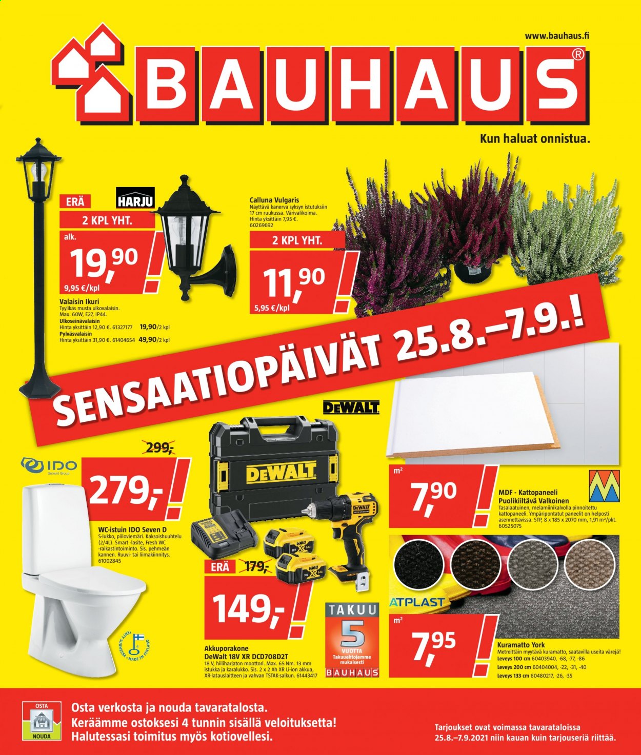 thumbnail - Bauhaus tarjoukset  - 25.08.2021 - 07.09.2021 - Tarjoustuotteet - kuramatto, wc-istuin, ulkoseinävalaisin, valaisin, akkuporakone. Sivu 1.