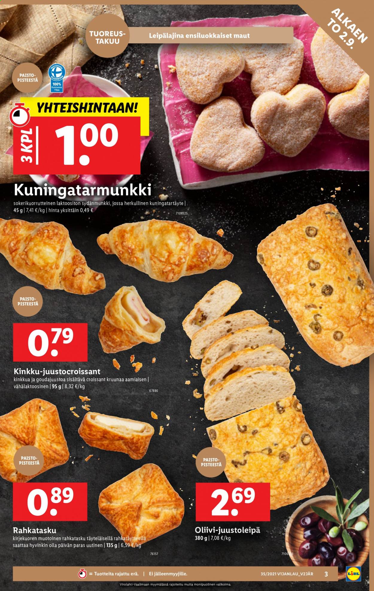 thumbnail - Lidl tarjoukset  - 02.09.2021 - 08.09.2021 - Tarjoustuotteet - kinkku-juustocroissant, croissant, sydänmunkki. Sivu 3.