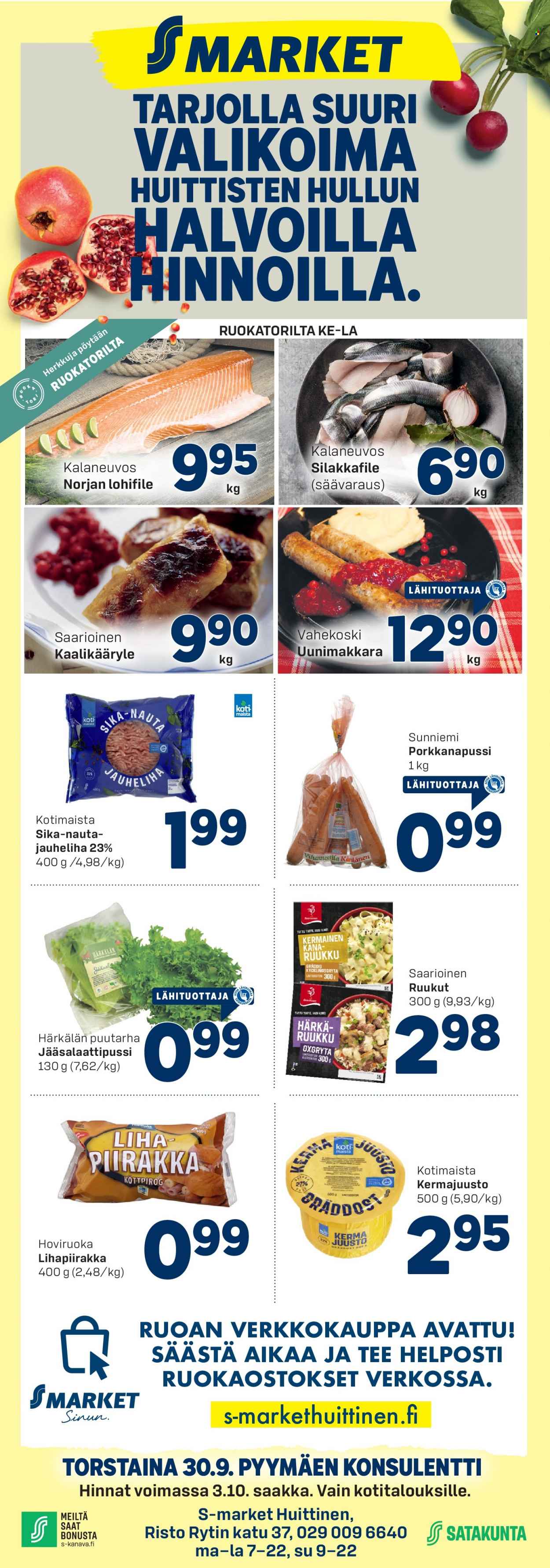 thumbnail - S-market tarjoukset  - 30.09.2021 - 03.10.2021 - Tarjoustuotteet - lihapiirakka, jauheliha, sika-nauta jauheliha, kermajuusto, juusto. Sivu 1.