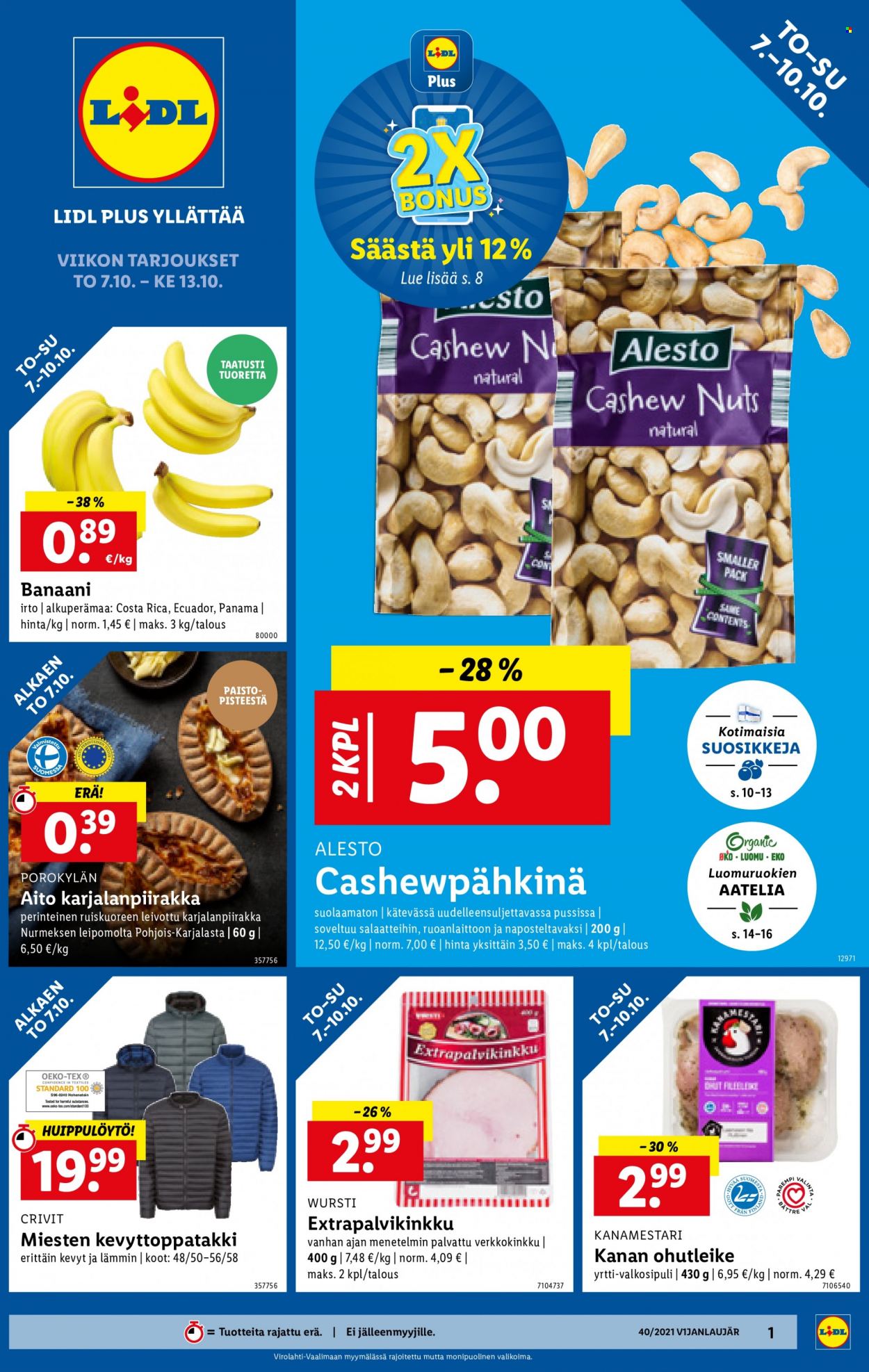 thumbnail - Lidl tarjoukset  - 07.10.2021 - 13.10.2021 - Tarjoustuotteet - banaani, valkosipuli, kanan, cashewpähkinöitä. Sivu 1.