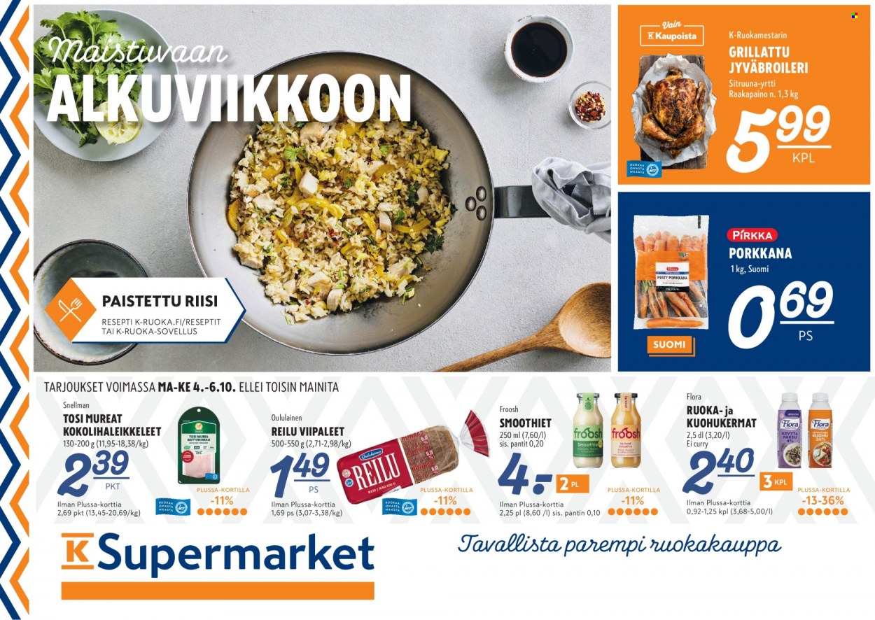 thumbnail - K-Supermarket tarjoukset  - 04.10.2021 - 06.10.2021 - Tarjoustuotteet - sitruuna, porkkana, Flora, kuohukerma, riisi, curry. Sivu 1.