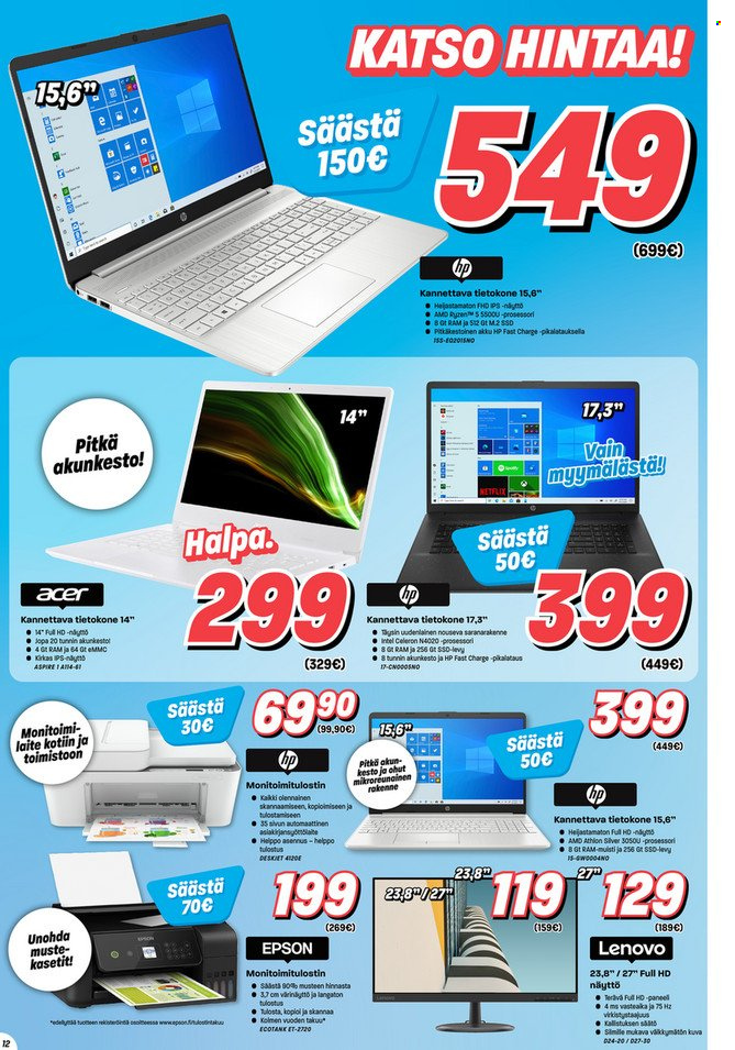 thumbnail - Veikon Kone tarjoukset  - 04.10.2021 - 17.10.2021 - Tarjoustuotteet - Acer, Hewlett Packard, kannettava tietokone, tietokone, monitoimitulostin. Sivu 12.