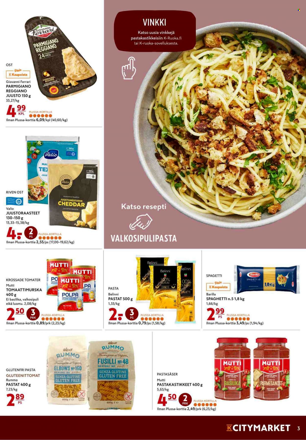 thumbnail - K-citymarket tarjoukset  - 07.10.2021 - 10.10.2021 - Tarjoustuotteet - valkosipuli, cheddar, parmesaani, juusto, pasta, spaghetti. Sivu 3.