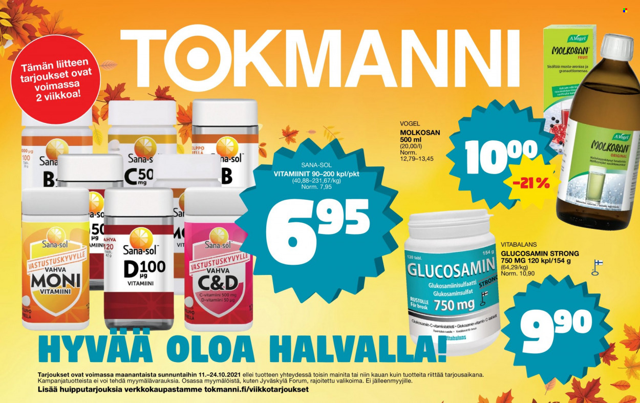 thumbnail - Tokmanni tarjoukset  - 11.10.2021 - 24.10.2021 - Tarjoustuotteet - glucosamin, D-vitamiini, Sana-sol. Sivu 1.