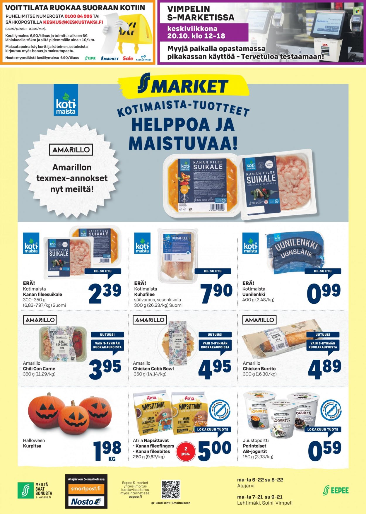 thumbnail - S-market tarjoukset  - 13.10.2021 - 17.10.2021 - Tarjoustuotteet - kurpitsa, kanan, kanan fileesuikale, Atria, jogurtit. Sivu 1.