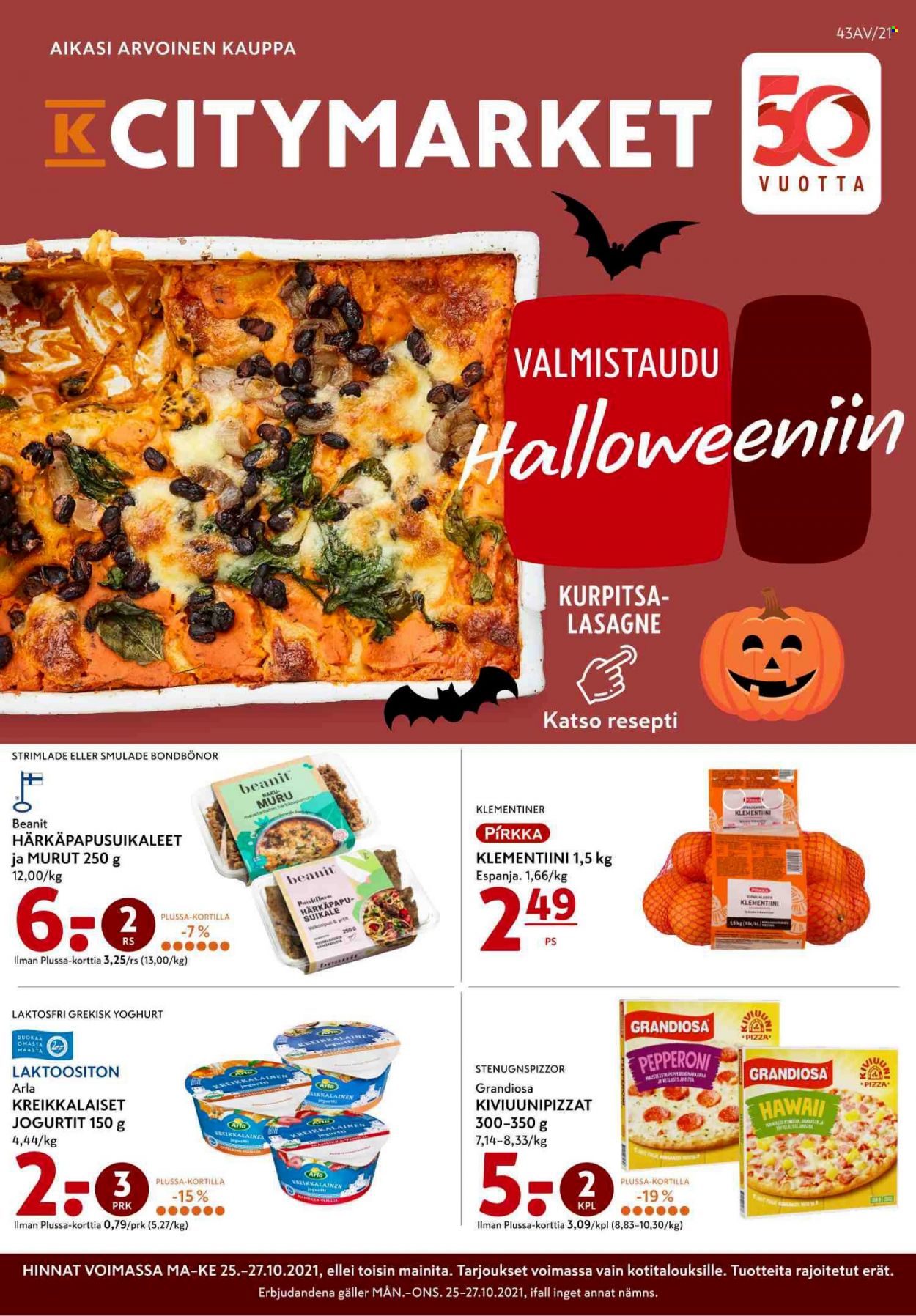 thumbnail - K-citymarket tarjoukset  - 25.10.2021 - 27.10.2021 - Tarjoustuotteet - kurpitsa, lasagne, Arla, jogurtit, pizza. Sivu 1.