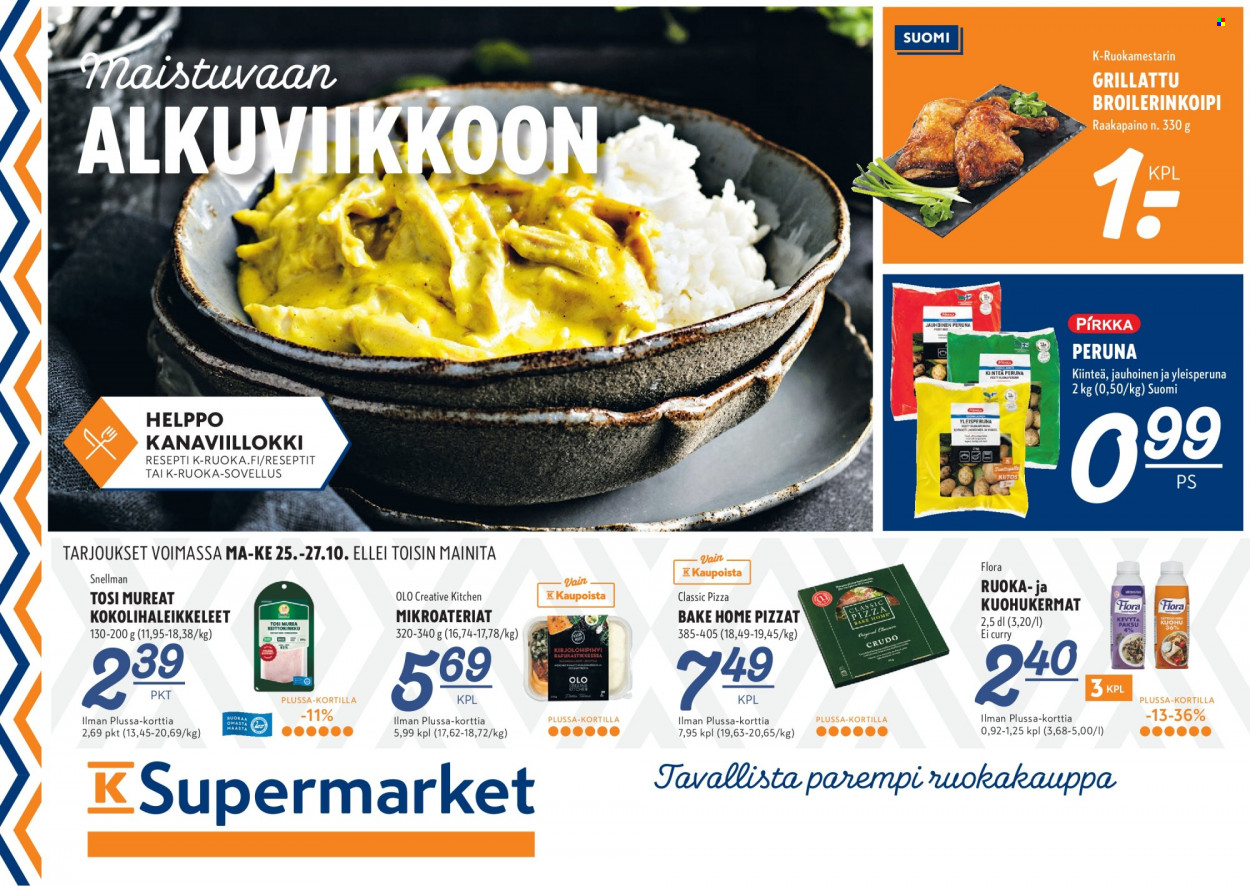 thumbnail - K-Supermarket tarjoukset  - 25.10.2021 - 27.10.2021 - Tarjoustuotteet - perunat, Flora, kuohukerma, pizza, curry. Sivu 1.