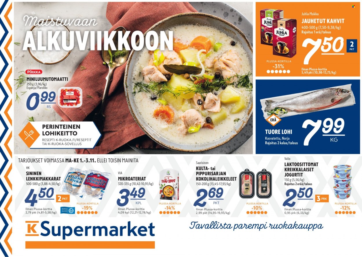 thumbnail - K-Supermarket tarjoukset  - 01.11.2021 - 03.11.2021 - Tarjoustuotteet - jogurtit, kahvi, Juhla Mokka. Sivu 1.