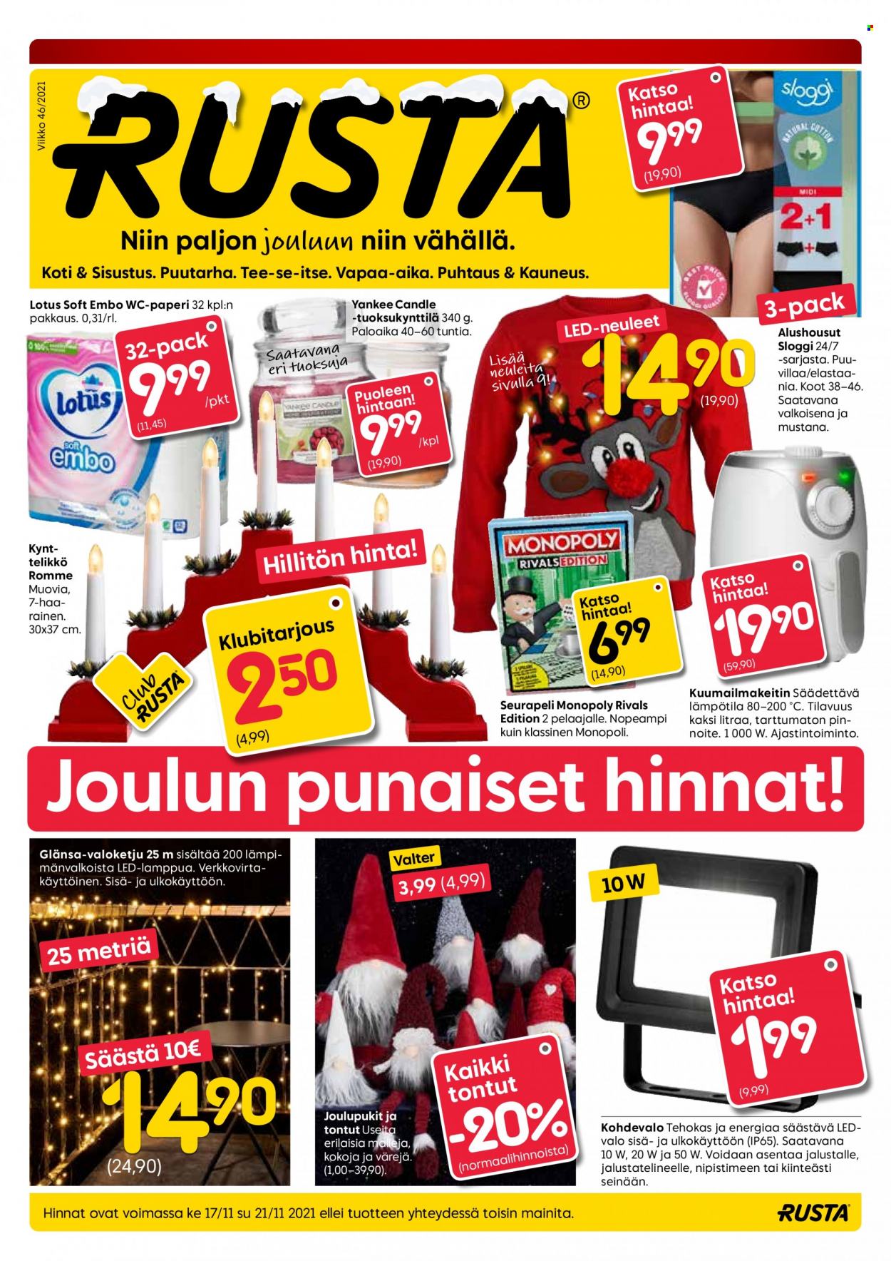 thumbnail - Rusta tarjoukset  - 17.11.2021 - 21.11.2021 - Tarjoustuotteet - kynttilänjalka, valoketju. Sivu 1.