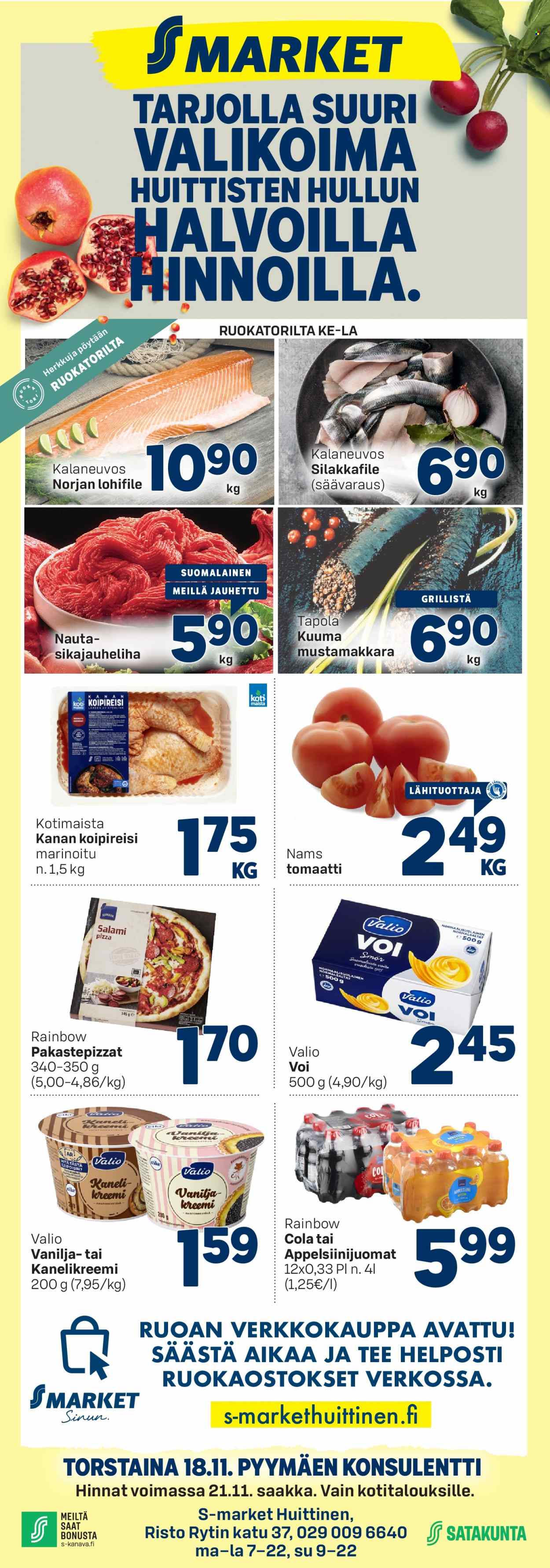 thumbnail - S-market tarjoukset  - 18.11.2021 - 21.11.2021 - Tarjoustuotteet - tomaatti, kanan, kanan koipireisi, mustamakkara, vanilja. Sivu 1.
