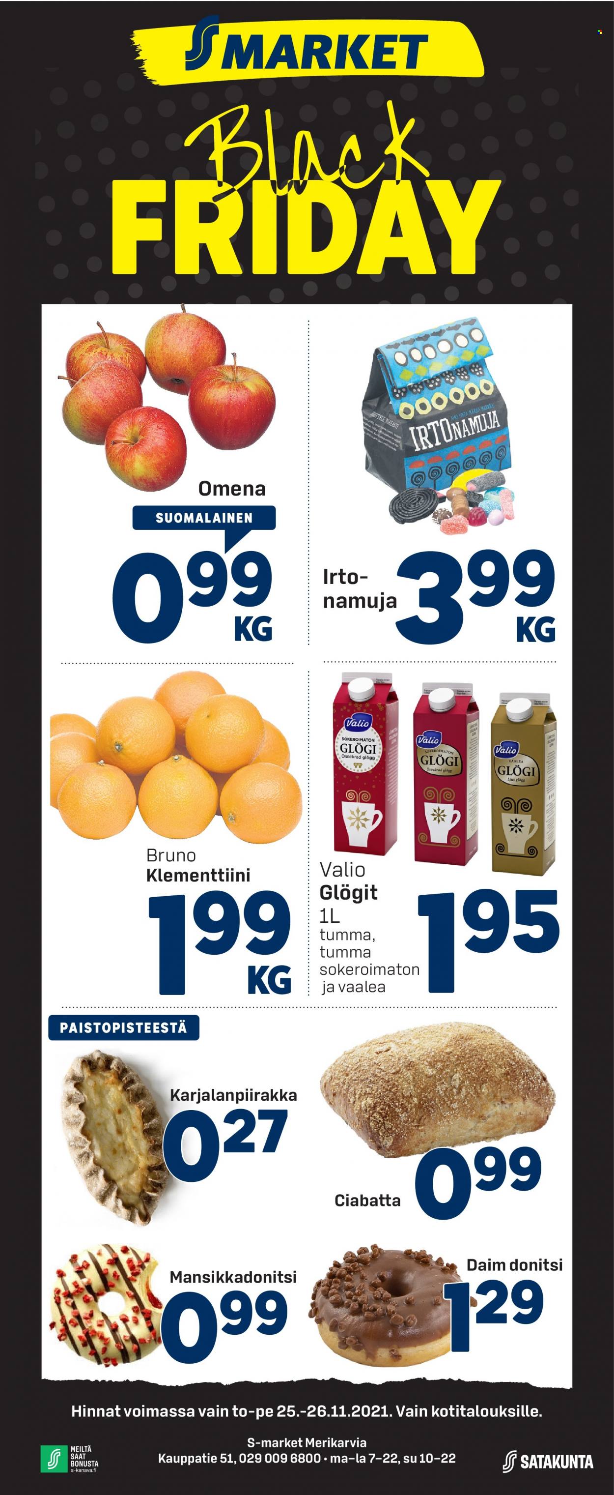 thumbnail - S-market tarjoukset  - 25.11.2021 - 26.11.2021 - Tarjoustuotteet - ciabatta, Daim, glögi. Sivu 1.