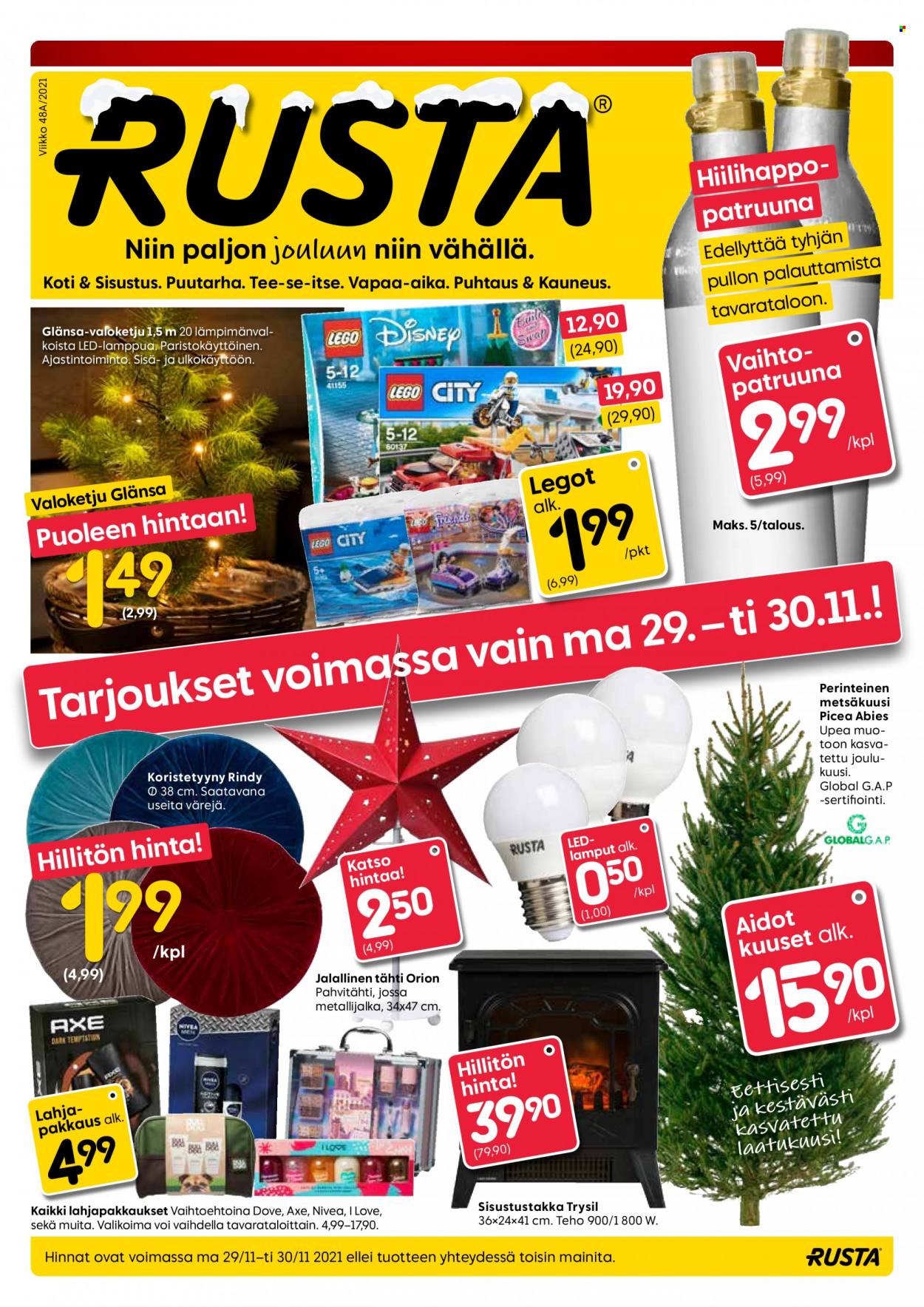 thumbnail - Rusta tarjoukset  - 29.11.2021 - 30.11.2021 - Tarjoustuotteet - koristetyyny, joulukuusi, valoketju. Sivu 1.