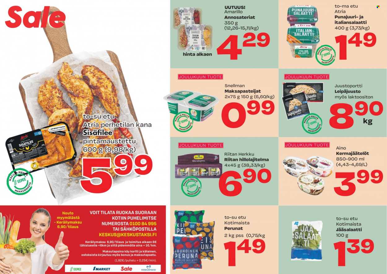 thumbnail - Sale tarjoukset  - 10.12.2021 - 12.12.2021 - Tarjoustuotteet - perunat, punajuuri, sisäfilee, Atria, leipäjuusto. Sivu 1.