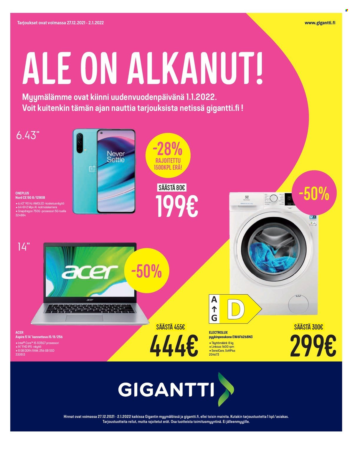 thumbnail - Gigantti tarjoukset  - 27.12.2021 - 02.01.2022 - Tarjoustuotteet - Acer, Intel, Electrolux, pyykinpesukone. Sivu 1.