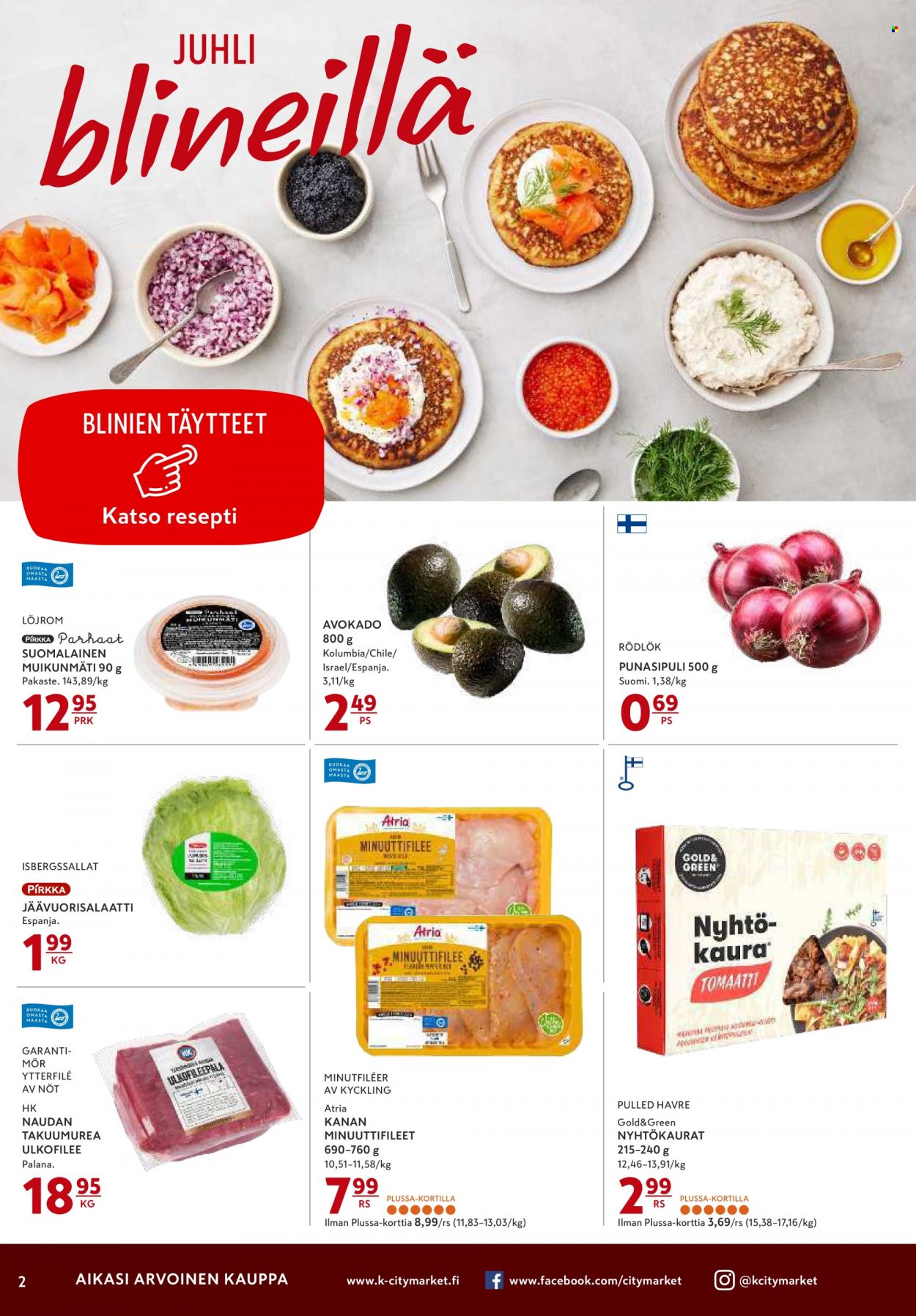 thumbnail - K-citymarket tarjoukset  - 29.12.2021 - 02.01.2022 - Tarjoustuotteet - avokado, jäävuorisalaatti, tomaatti, kanan, naudan, ulkofilee, Atria. Sivu 2.