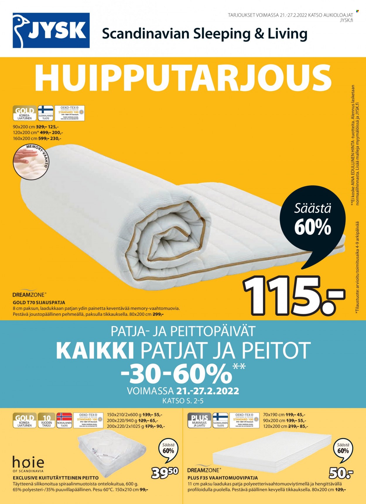 JYSK tarjoukset - 21.02.2022 - 27.02.2022. Sivu 1
