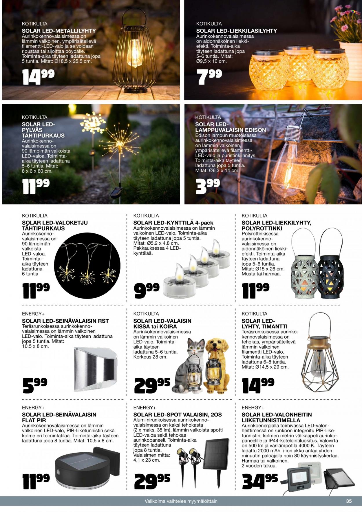 thumbnail - Tokmanni tarjoukset  - Tarjoustuotteet - Kotikulta, kynttilä, Energy+, lyhty, seinävalaisin, valaisin, valoketju, aurinkopaneeli. Sivu 35.