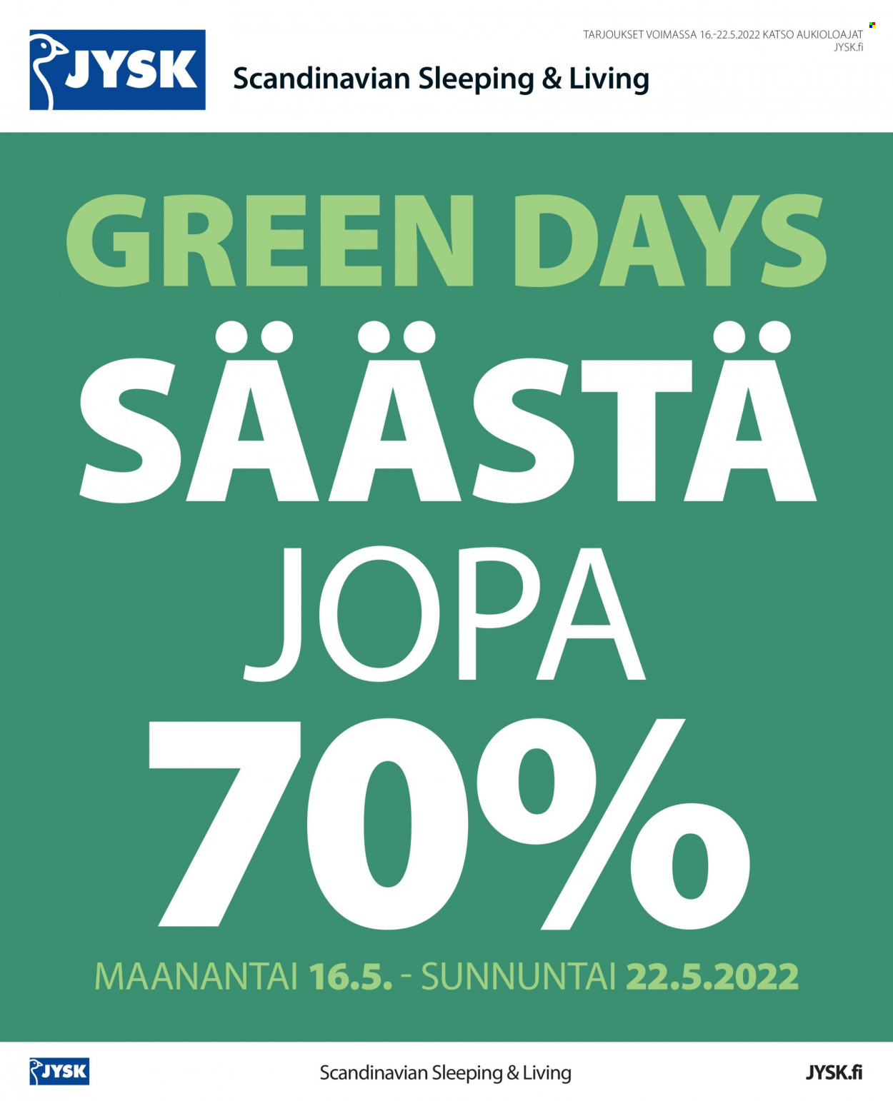 JYSK tarjoukset - 16.05.2022 - 22.05.2022. Sivu 1