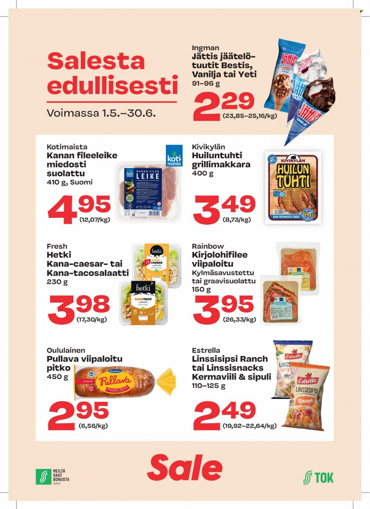 thumbnail - Sale tarjoukset  - 01.05.2022 - 30.06.2022 - Tarjoustuotteet - pitko, Oululainen, Pullava, sipuli, kanan, kanan fileeleike, jäätelö, vanilja. Sivu 1.