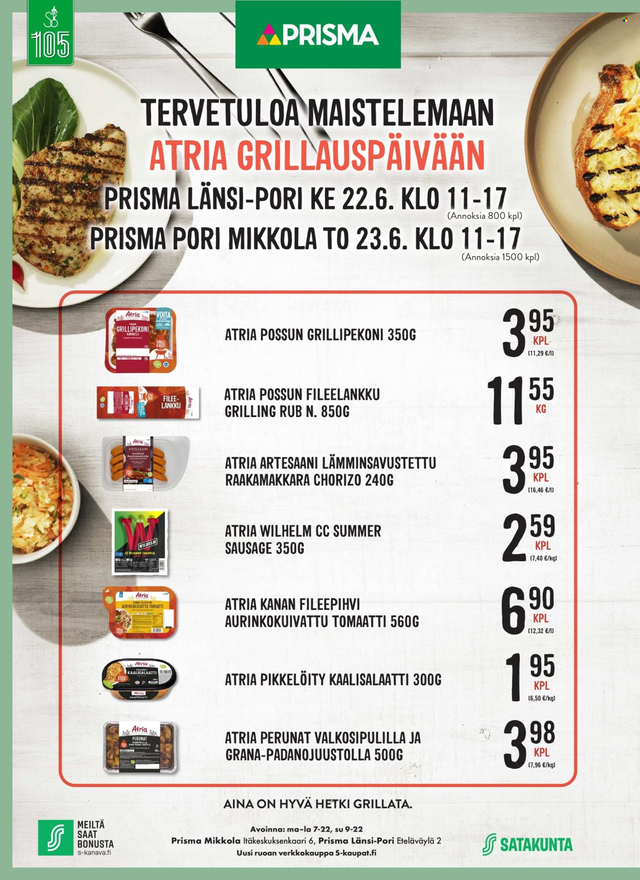 thumbnail - Prisma tarjoukset  - 21.06.2022 - 26.06.2022 - Tarjoustuotteet - perunat, tomaatti, kanan, kanan fileepihvi, Atria, voita. Sivu 1.