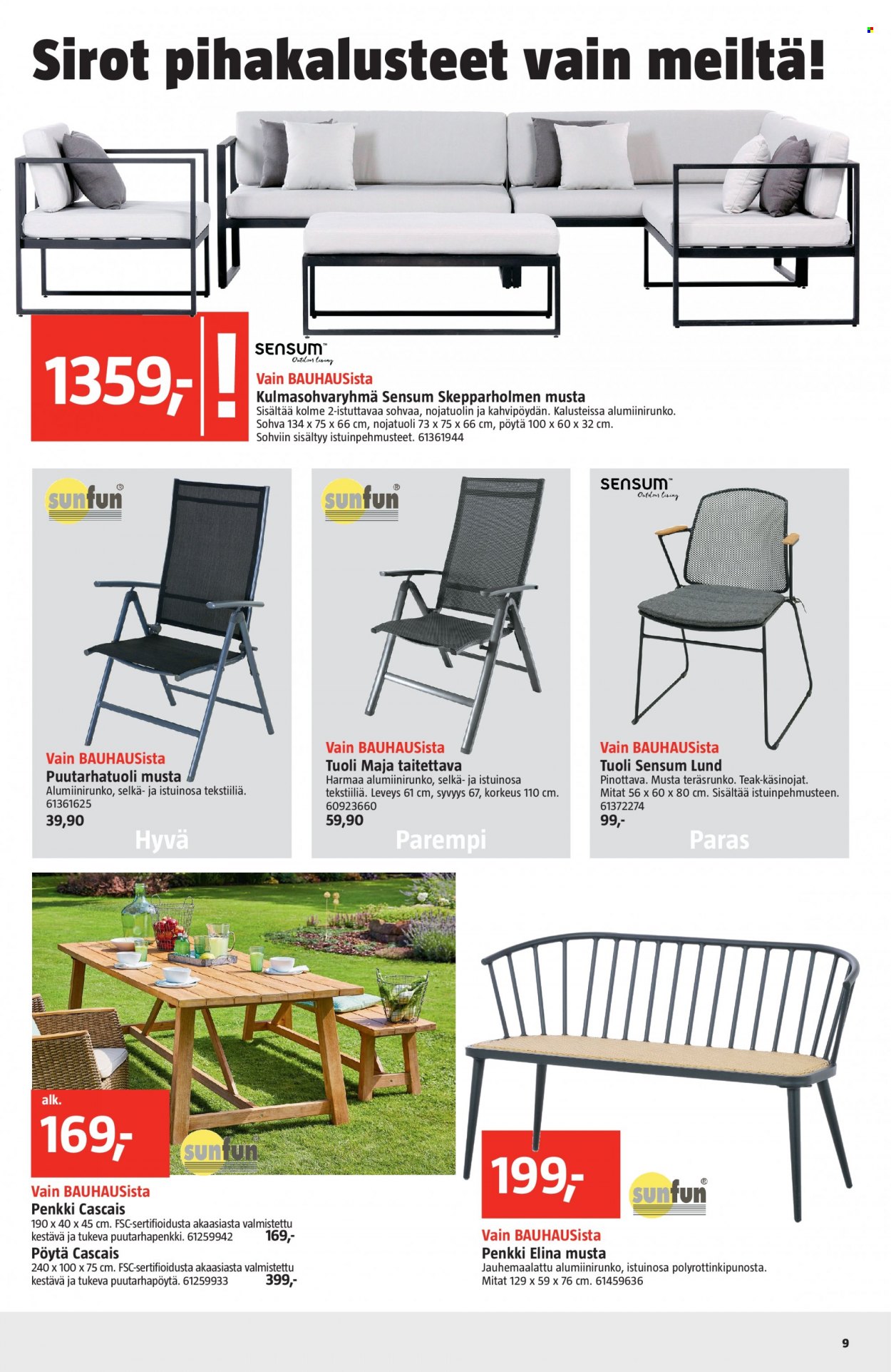 thumbnail - Bauhaus tarjoukset  - 22.06.2022 - 05.07.2022 - Tarjoustuotteet - pöytä, puutarhapöytä, penkki, sohva, tuoli. Sivu 9.