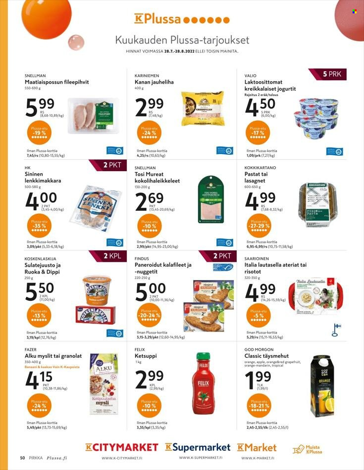 thumbnail - K-Supermarket tarjoukset  - Tarjoustuotteet - kanan, jogurtit, Karl Fazer. Sivu 50.