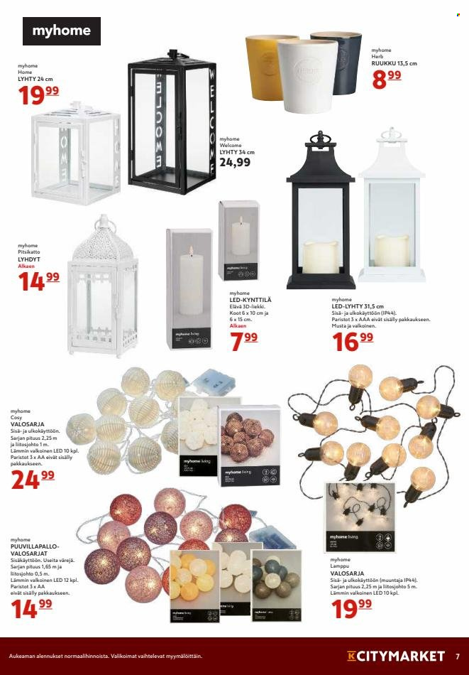 thumbnail - K-citymarket tarjoukset  - 08.09.2022 - 04.10.2022 - Tarjoustuotteet - kynttilä, lamppu, paristo, lyhty, valosarja. Sivu 7.