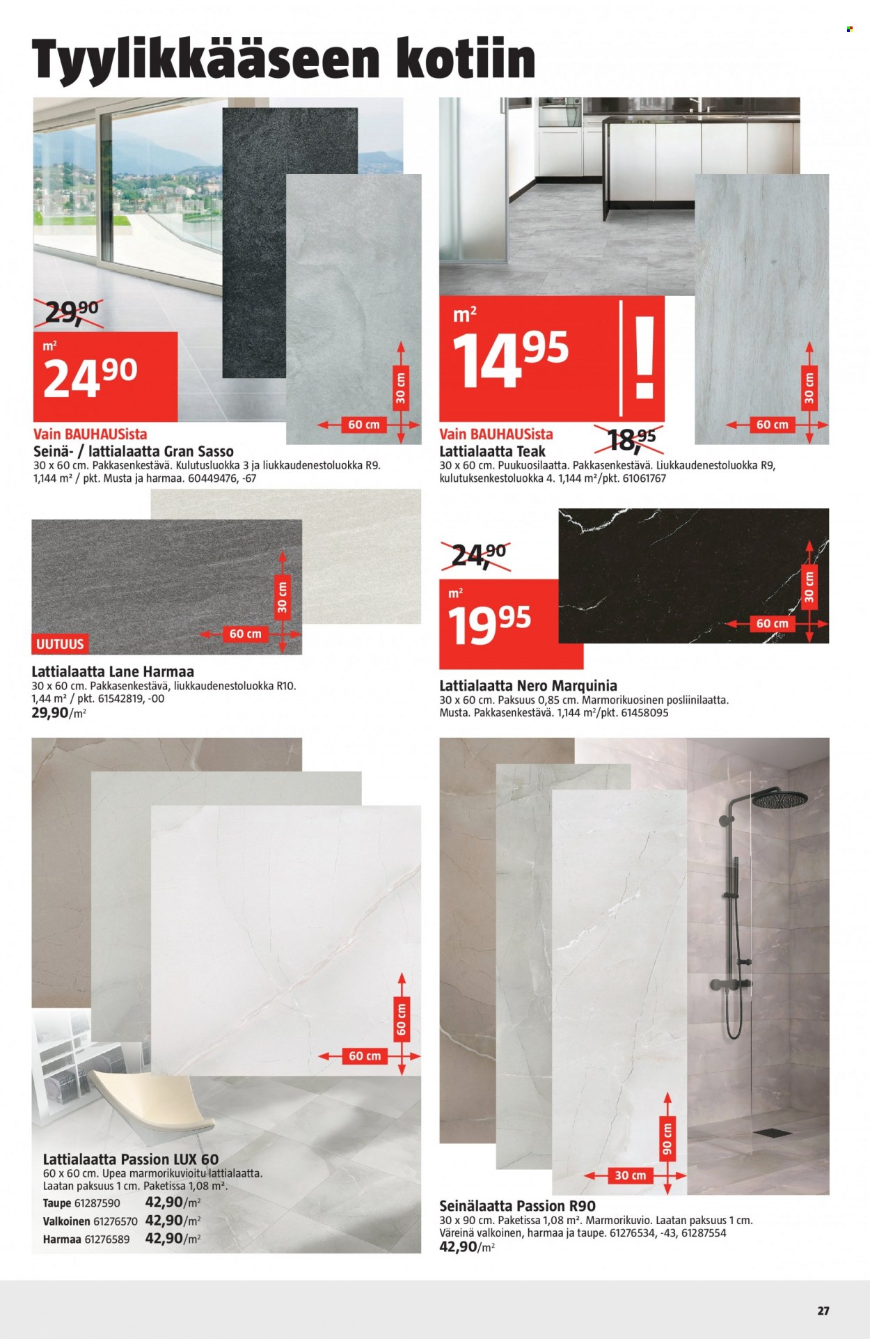 thumbnail - Bauhaus tarjoukset  - 14.09.2022 - 04.10.2022 - Tarjoustuotteet - lattialaatta, seinälaatta, r10. Sivu 27.