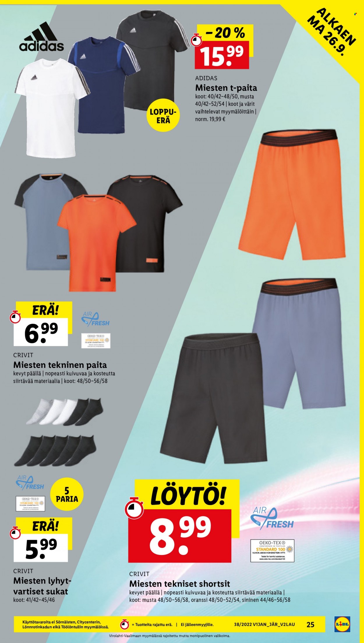 thumbnail - Lidl tarjoukset  - 22.09.2022 - 28.09.2022 - Tarjoustuotteet - Adidas, shortsit, t-paita, sukat. Sivu 25.