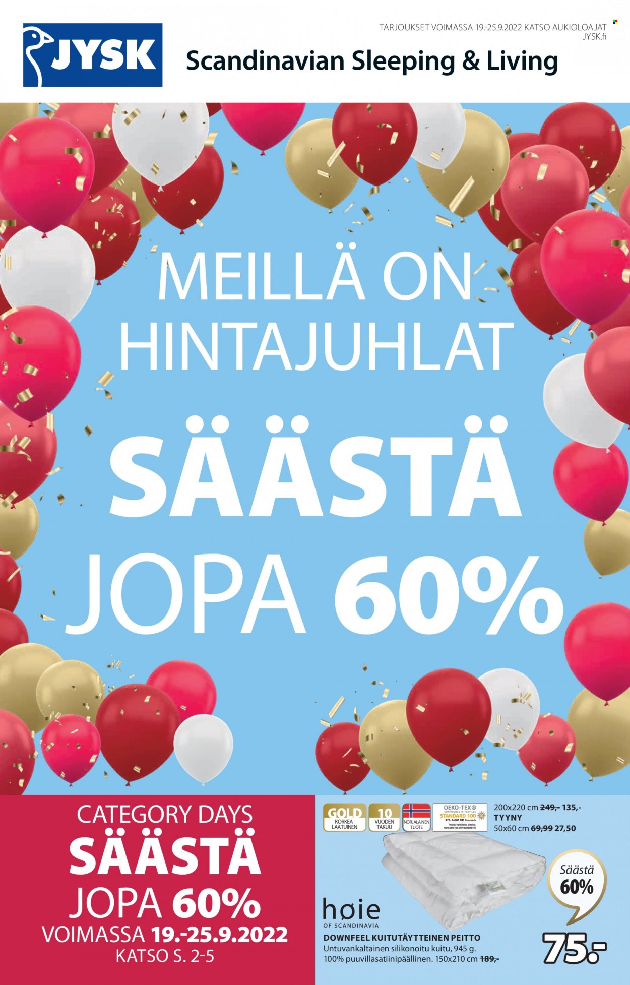 JYSK tarjoukset - 19.09.2022 - 25.09.2022. Sivu 1