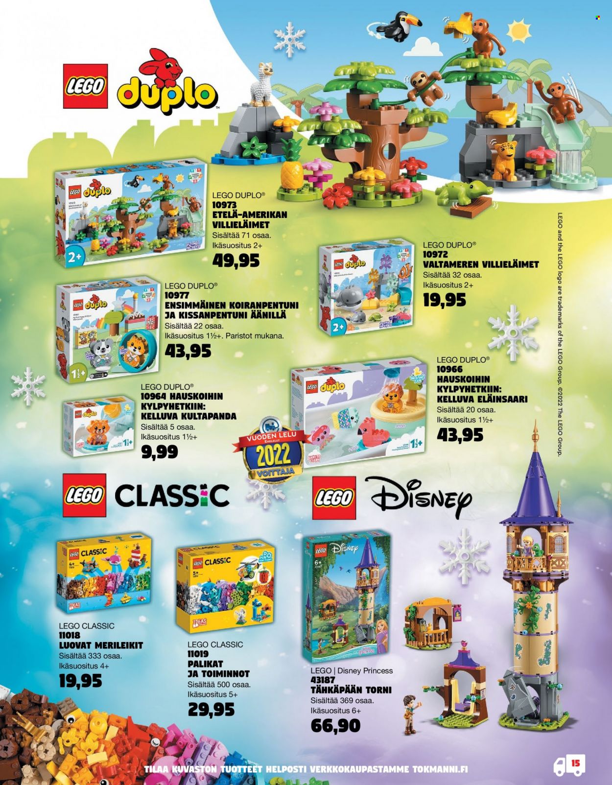 thumbnail - Tokmanni tarjoukset  - 28.10.2022 - 24.12.2022 - Tarjoustuotteet - Disney, Disney princess, LEGO, LEGO Classic, LEGO Duplo. Sivu 15.
