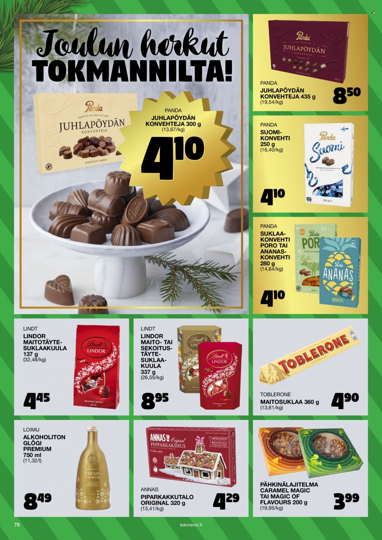 thumbnail - Tokmanni tarjoukset  - 31.10.2022 - 24.12.2022 - Tarjoustuotteet - suklaa, Toblerone, konvehti, Lindt, glögi. Sivu 78.