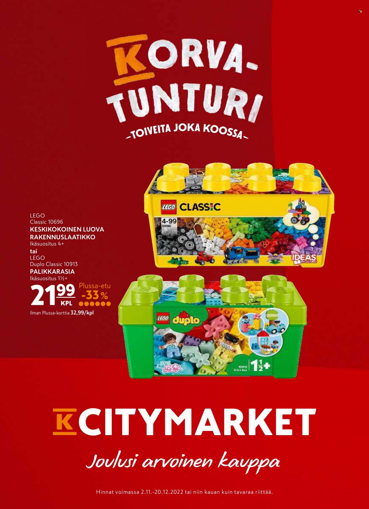 thumbnail - K-citymarket tarjoukset  - 02.11.2022 - 20.12.2022 - Tarjoustuotteet - Tunturi, LEGO, LEGO Classic, LEGO Duplo. Sivu 52.