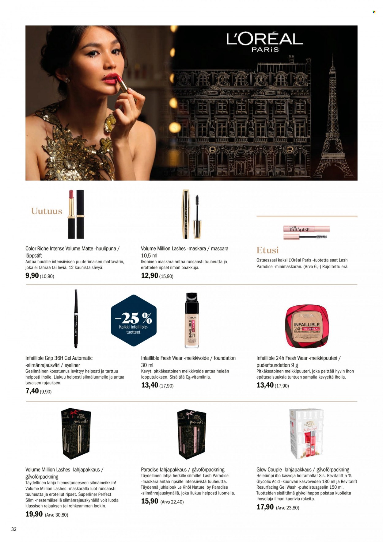 thumbnail - Sokos tarjoukset  - 01.12.2022 - 31.12.2022 - Tarjoustuotteet - L'Oréal, eyeliner, huulipuna, meikkivoide, ripsiväri, lahjapakkaus. Sivu 32.