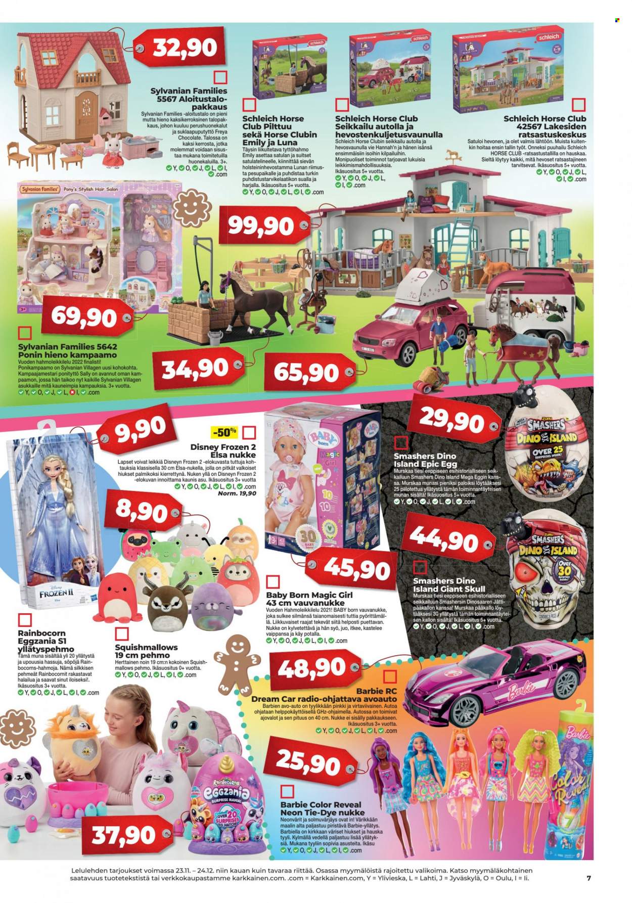 thumbnail - Kärkkäinen tarjoukset  - 23.11.2022 - 24.12.2022 - Tarjoustuotteet - Barbie, Disney, Baby Born, Disney Frozen, nukke, pehmo, Schleich. Sivu 7.
